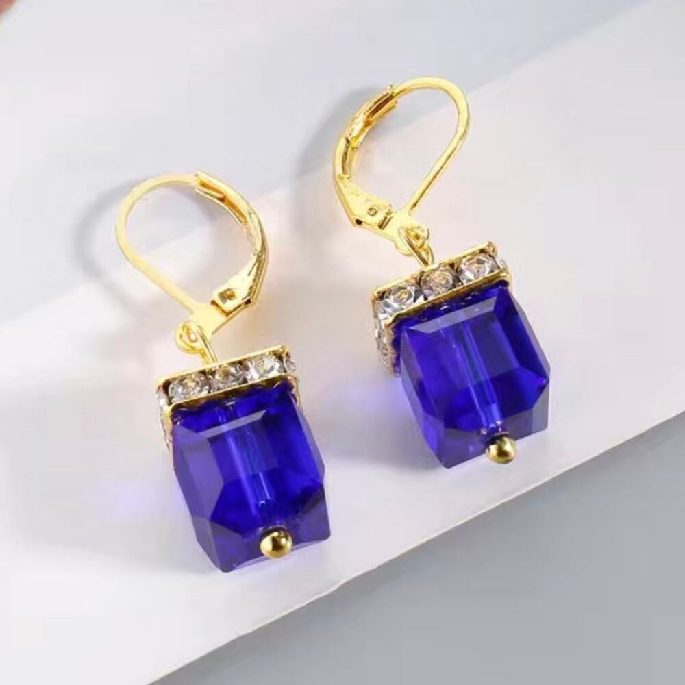 Blue Crystal Huggie Drop Earrings